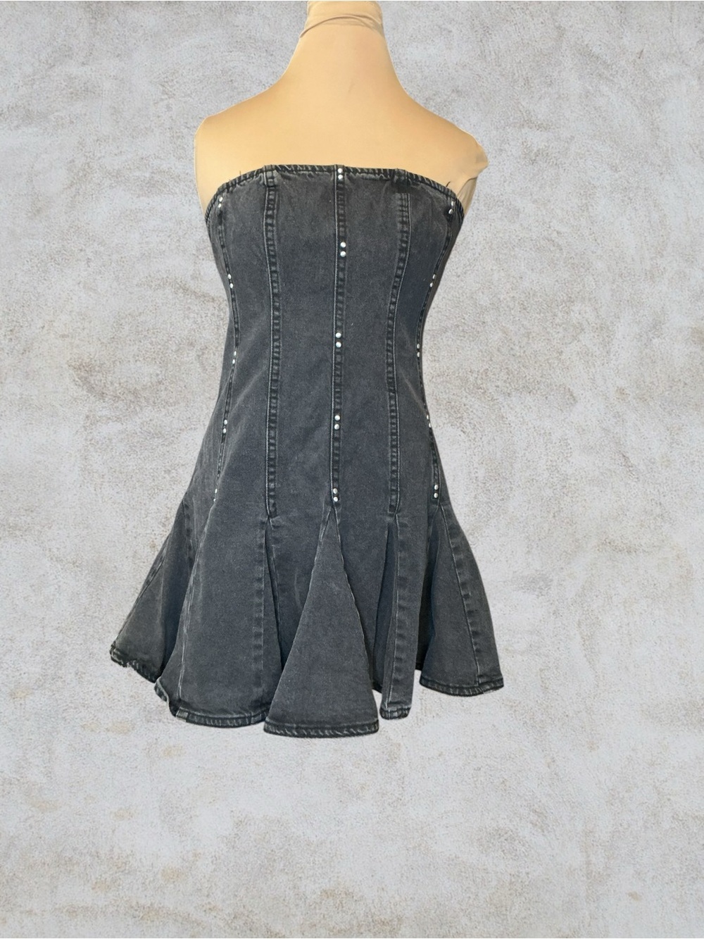 Strapless Washed Black Denim Dress with Stud Detail
